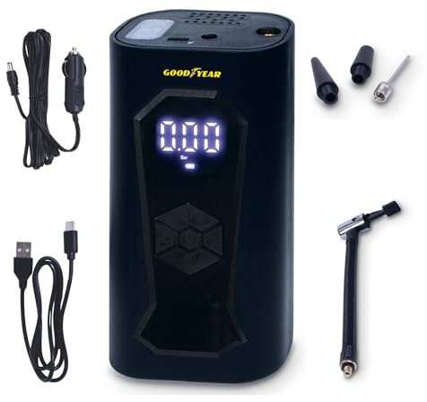 Goodyear, Compresor de Aire, portátil, inalámbrico, Recargable, 6000 mAh, 5 en 1: inflado, desinflado, medición de presión, batería Externa, Linterna 6 LED, Incluye Accesorios, Toma de Encendedor