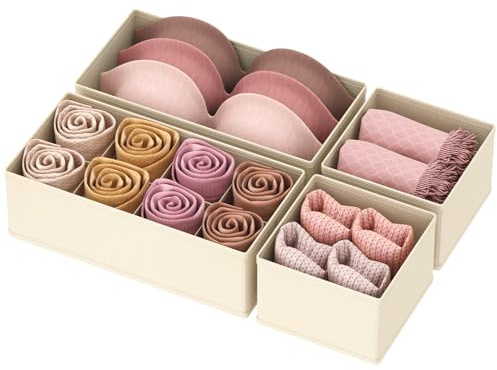 Lifewit 4 Pack Underwear Storage Organiser, Foldable Fabric Chest of Drawer Dividers for Closet Bedroom, Collapisble Cube Honeycomb Boxes for Sock, Bras, Clothes Organization, Khaki