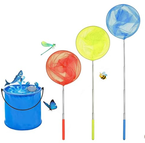 Telescopic Butterfly Nets, Extendable Fishing Nets with Folding Water Buckets for Catching Crabbing Bugs Insects Bird Playing Beach Ponds Pool Outdoor Telescopic Catching Net(3 PCS)