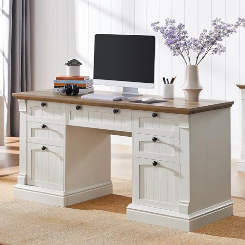 OKD 60 Executive Desk with Drawers, Farmhouse Home Office Desk with Charging Station, Keyboard Tray, File Cabinet Storage, Wood Computer Desk for Work and Study, Antique White