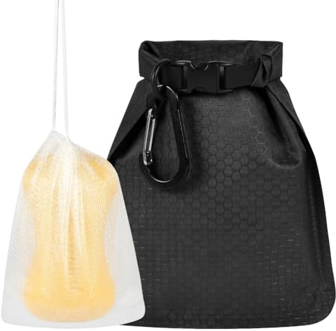 vsshe Travel Soap Bag, Waterproof and Leakproof Soap Travel Storage Bag, Quick Dry Soap Bag, Portable Sealed Storage Bag with Soap Foaming Bag and Carabiner for Travel, Camping, Outdoor (Black)