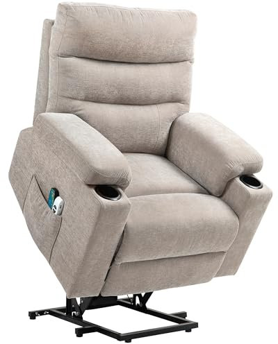 HOMCOM Relaxsessel Elektrisch Fernsehsessel mit Aufstehhilfe, Vibrationsmassage, Liegefunktion, Massagesessel mit Fußteil, 2 Motorn, Lendenwärme, Timer, Seitentasche, Becherhalter Hellbraun