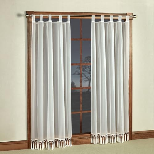 Rajah Pearl Luxury Window Treatments | Elegant Ivory | Solid Color Semi-Sheer Polyester Voile with Faux Pearl Beading and Long Tasseled Fringe | Tab Top Drapery Set Includes Two 95L Curtain Panels