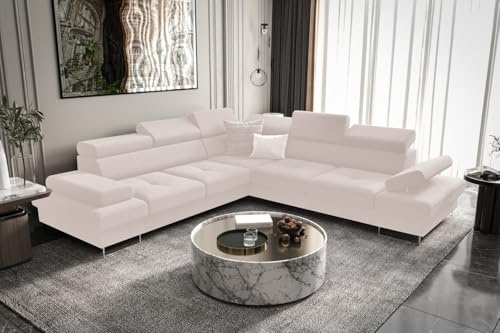 Friderik Ecksofa Galaxy MAX 276×276 cm mit Schlaffunktion – Stoffbezug Gemma, Verstellbare Kopfstützen, Bettkasten (Creme, Links)