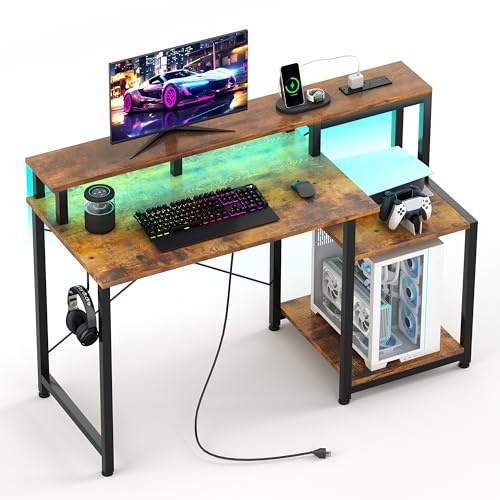 CAIYUN Computer Desk with Printer Stand, 48 Inch Computer with Power Outlets & Adjustable LED, Office Desk with Monitor Stand Rise, Teen Study Working Table, Brown
