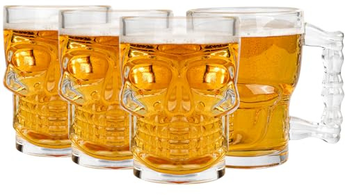 binsakao Beer Mugs Set of 4 - Skull Glasses with Handle - 500 ML Heavy Base Drinking Tiki Glasses - Clear Beer Stein Cup for Whiskey, Wine, Juice, Home Bar, Halloween Decorations Gifts
