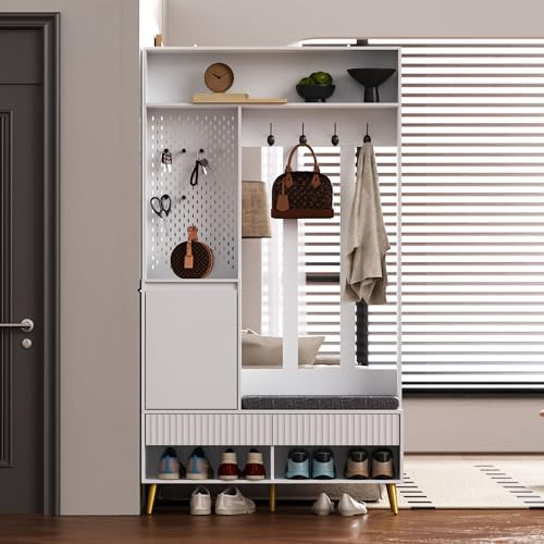 Lahoomu Garderoben-Set, Wandgarderobe, Flurgarderobe Set mit Schuhbank, Garderoben Set mit 4 Kleiderhaken, Zwei Schubladen und 1 Türen, Weiß