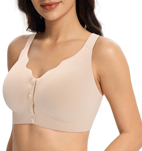 LEHEEYWT Front Fastening Bra, Non Wired Support Comfort Bras for Women UK, Wireless Soft Post Surgery Sports Bra Bralettes for Women The Elderly Ladies (L, Milk Coffee)