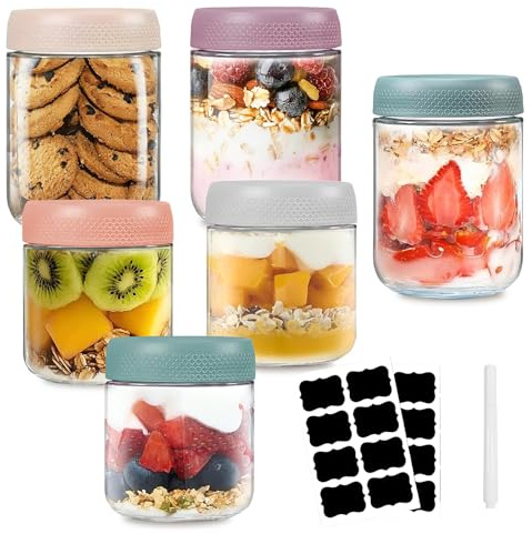 KDISHKRA 6 Pack Tarros de Avena Nocturna, Tarros de Cristal con Tapa Hermética (300ml+500ml), Mason Jars para Frigorífico, Despensa, para Overnight Oats, Yogur, Mermeladas, Ensaladas, Encurtidos
