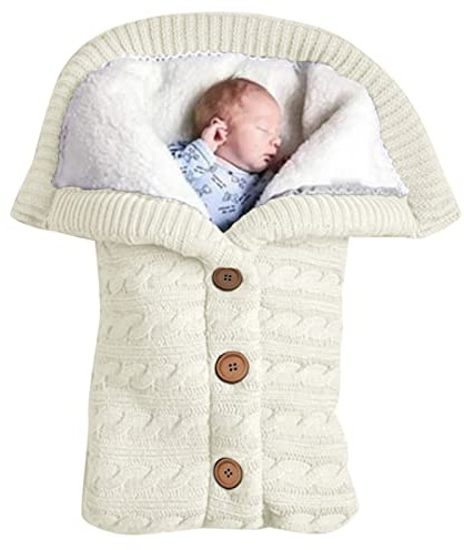 Fußsack Babyschale Winter, Stricken Weich Warmes Plüsch Draussen Schlafsack, Universell Einschlagdecke Babyschale Winter mit Verstellbarem Kragen, für 0-12 Monate Jungen Mädchen (Weiß)
