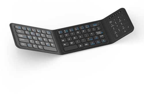 Bettdow Foldable Bluetooth Keyboard with Number Pad & Touchpad, Folding Portable UK Layout Rechargeable Wireless Mini Keyboard for iPad/iPhone/Android/Windows/Tablets/Smartphone, with Stand (Black)