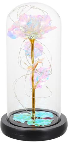 DIYEAH Rose Éternelle Lumineuse LED sous Cloche en Verre Feuilles Dorées 3 Feuilles Décoration Romantique Saint-Valentin Présent Femme Lumière LED Fleur Décoration Intérieure