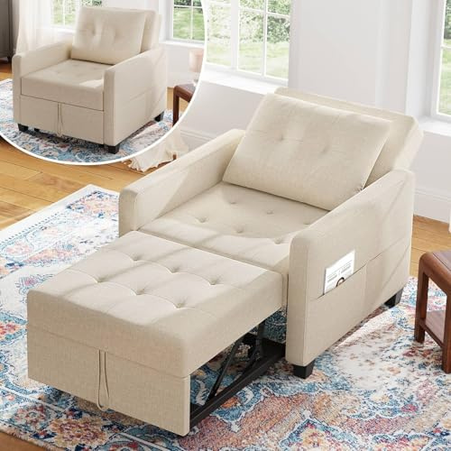Vesgantti Schlafsessel mit Bettfunktion 3-in-1 Ausziehbares Schlafsofa Umwandelbarer Stuhl Bett Verstellbarer Einzelsessel mit Seitentasche, für kleinen Raum, Cremefarben