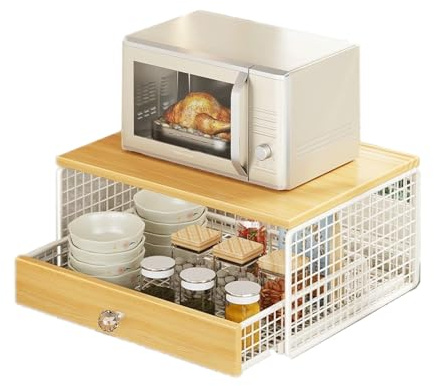 KXKJRYB Soporte para Microondas 2 Niveles con CajóN ExtraíBle Madera MarróN Antiguo Bandeja De Malla MetáLica Multifuncional para Cocina