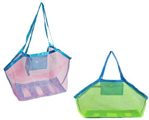 2 Stk Strandtasche Groß Faltbare Netztasche Sandspielzeug XXL Aufbewahrung | Strand Urlaub, Wasserabweisend Leicht, Grün Rosa Familie, Beach Bag Tasche faltbar transportieren leicht