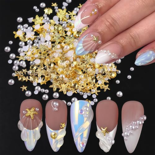 TESGADGETS 100 pezzi decorazioni per unghie, ciondoli estivi con stelle marine, conchiglie, strass e design con perle, decorazioni dorate per unghie in stile oceano per donne, vacanze al mare, nail
