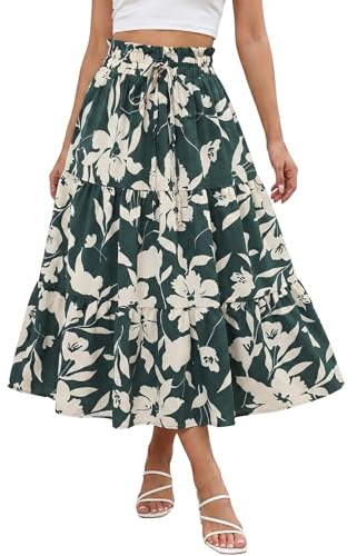 Sahunfri Floral Midi Skirts for Women UK Summer Comfy Tiered Elastic Waist Boho Skirts Ladies Midi Length Swing Skirt (UK, Alpha, XL, Regular, Regular, Green)