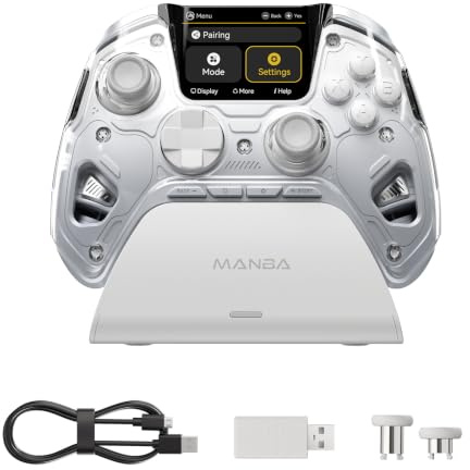 MANBA One V2 Controller Da Gioco Wireless Con Schermo Interattivo (Bianco) | Compatibile Con PC/Switch/iOS/Android, Stick E Grilletti Hall Effect, LED, Pulsanti Macro, Batteria 1800mAh, Base Di Ricarica