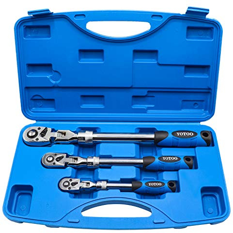 YOTOO Extendable Ratchet Set 3Pcs 1/4, 3/8 & 1/2 Drive 72 Tooth Flex-Head Quick Release Locking Ratchets