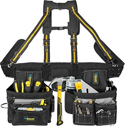 Bravex Tool Belt Ultra Wear-Resistant with Braces 10 Main Pockets and Smaller Pockets Sleeves Water Bottle Pocket