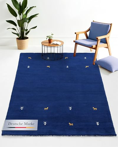 carpetfine Wollteppich Gabbeh Uni Blau 60x90 cm | Moderner Teppich für Wohn- und Schlafzimmer