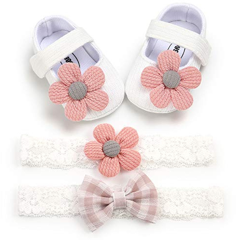 Loalirando Scarpe Neonata 0-18 Mesi Set Regalo 3 Pezzi Fascia Capelli Neonata Regalo Battesimo Bimba Scarpe Anti Scivolo Fiore Suola Morbida Neonato Accessori (Bianco, 0-6 Mesi)