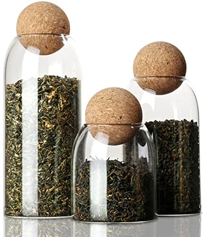 Tarro de Vidrio de Almacenamiento, 3 Piezas Hermetico Tarros de Cristal, Botes Cocina de Almacenamiento, Con Tapón de Corcho, para Especias, Azúcar, Café, Galletas, Caramelos (19/26/42 oz)