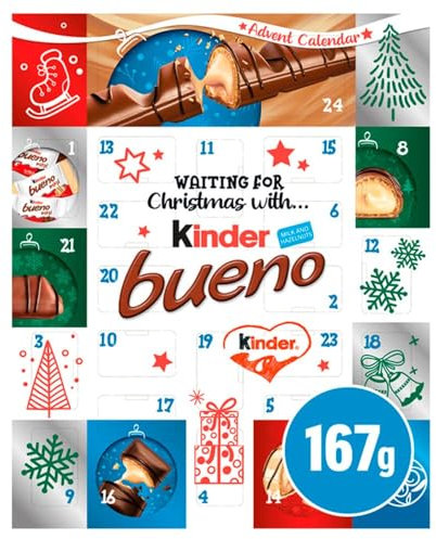 Kinder Bueno Adventskalender 2024 Weihnachten Advent 24 verschiedene Waffeln mit Milchschokolade überzogen mit Milch- und Haselnussfüllung (167g)