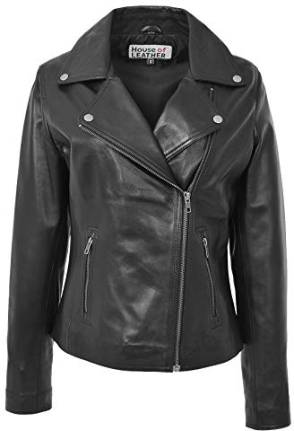 Womens Real Leather Biker Jacket Cross Zip Style Lola (14, Black)