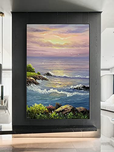 Handgemaltes Ölgemälde Auf Leinwand, Wandkunst, Ozean, Sonnenaufgang, Strand, Steinlandschaft, 3D-Struktur, Abstrakt, Modernes/Großes Kunstwerk, Wohnkultur, Gemälde Für Wohnzimmer, Schlafzimmer