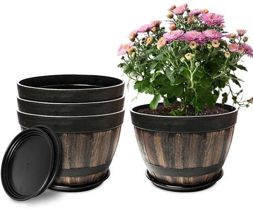 Plant Planters Pots Set of 4 Pack 9 Inch/23cm,Plastic Flower Pots Planters for Indoor Plants with Drainage Holes & Saucer.Lightweight Resin Whiskey Barrel Planters for House Outdoor Garden Plant