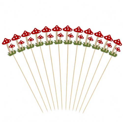 MIJOMA - Set Schmuckvolle Holzstecker Fliegenpilz, Prächtige Tischdekoration für Weihnachten und Herbst, Perfekt für Gestecke, Geschenke, DIY-Projekte, Blumenstecker (Pilz doppelt - 12 Stück)