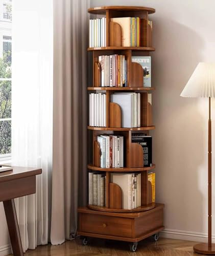 ZWPILY Drehbares Bücherregal Drehbar Massivholz Drehregal Holzregal 360° Grad Standregal CD/DVD Aufbewahrung, Multifunktionales Holz Lagerregal für Kinder & Erwachsene,5 Layers/46x46x173cm