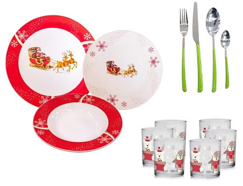 Omniacasa Set mit 36 Porzellantellern, 48 Bestecken und 12 Weihnachtsgläsern, für 12 Personen, Weihnachtsmann mit Rentier-Landschaft und Baum