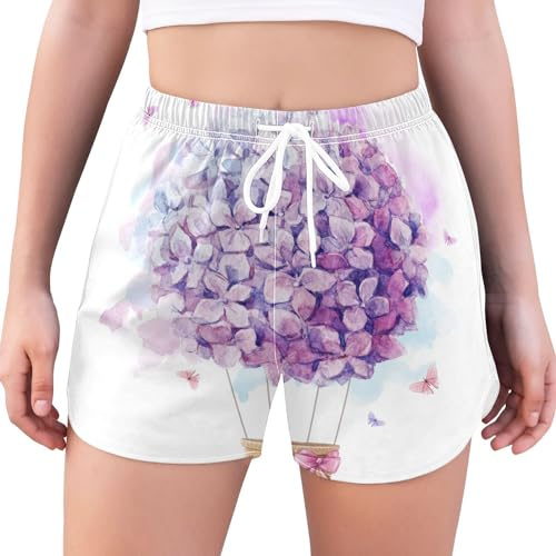 HMZXZ Short de bain pour femme avec motif hortensia ballon violet, multicolore, XL
