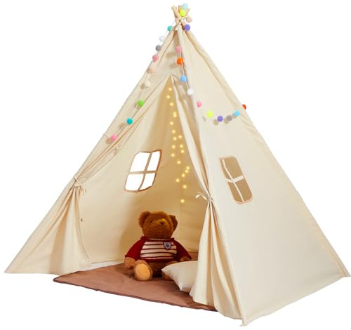 VEVOR Tenda da Gioco per Bambini, Tenda Teepee per Bambini da 1 a 5 Anni, Tenda per Bambini con Tappetino e Palline di Peluche Decorative, con Finestre per Interni ed Esterni