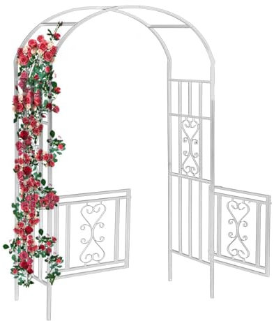 Arche De Rosiers Arceau avec Portillon, Arcade Treillis pour Plantes Grimpantes, Tuteur Métal, 114 X 210 X 52 Cm, Résistant Aux Intempéries, Facile À Assembler(White)