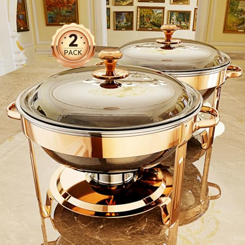 Chafing Dishes for Buffet, 4 Pack 5QT Round Stainless Steel Chafing Dish Set for Home Parties, Christmas Gatherings, Catering Events Complete Buffet Warmer Set (Rose Gold 2)