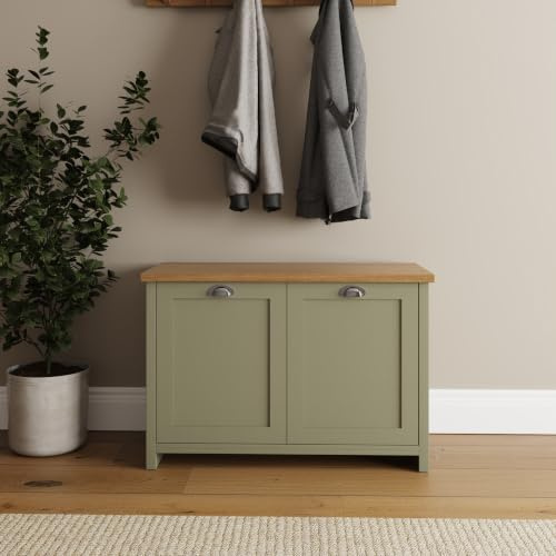 GFW Lancaster Sage Green 2 Door Shoe Cabinet, Country Cottage Hallway Storage Unit with Oak Effect Top