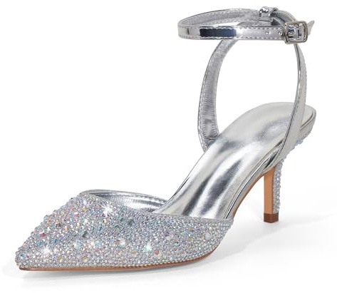 GENSHUO Scarpe col Tacco Alto con Strass da 6,5 ​​cm, Punta affilata con Cinturino alla Caviglia, Eleganti Scarpe da Cerimonia, Strass Argento, 40 EU