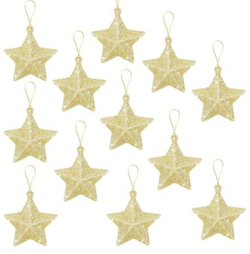 12 Stück Weihnachtsbaum Stern, Weihnachtsbaumschmuck Anhänger, 5cm Glitzer Sterne Christbaumanhänger, Christbaumschmuck, Weihnachtsstern für Weihnachtsdeko Bäume, Kamine, Fenster, Tischdeko (Golden)