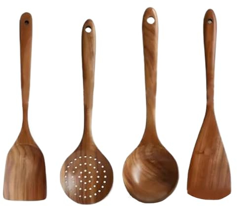 4 st köksredskap i trä, släta köksredskapsset med hängande hål, värmebeständiga träskedar för non-stick köksredskap.