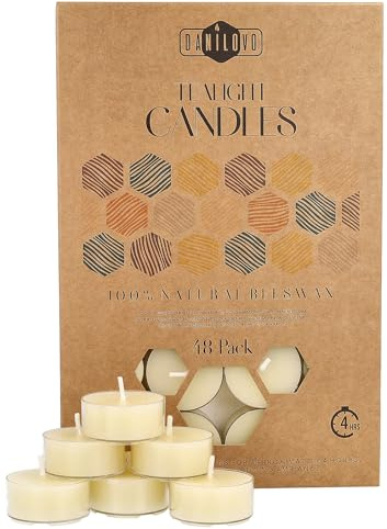 Velas de Cera de Abeja Natural 100% - Velas de Té con Mecha de Algodón – 4 Horas de Duración – Pack de Velas 48 Unidades – Velas Pequeñas de Cera de Abeja Pura y Plástico Reciclado de Danilovo