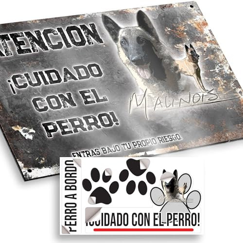 Malinois negro Cartel de Cuidado con el Perro 20x12,5cm - Diseño Vintage Dibond con Pegatina Coche Premium 20x5cm