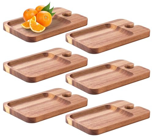 6Pcs Wooden Serving Tray with Wine Glass Holder 21x12x1.5cm Compact Wine Appetizer Plates Versatile Wood Mini Charcuterie Boards for Party, Picnic, Birthday, Family Gatherings