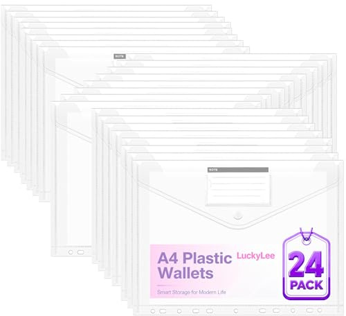 Plastplånböcker A4 stansade fickor, pärmplånböcker med 3 lägen tryckare för platsbesparing, 6 färger, 11 hål dokumentmapp för 2/3/4 ringpärmar med etikettficka, brevpapper (24 st sida öppen-klar)