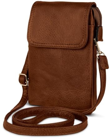moex Classic Sling Handytasche zum Umhängen Leder Damen, Handy Umhängetasche mit Geldbörse und Handyfach, kleine Handtasche Crossbody Tasche mit Schultergurt und Magnetverschluss, Braun