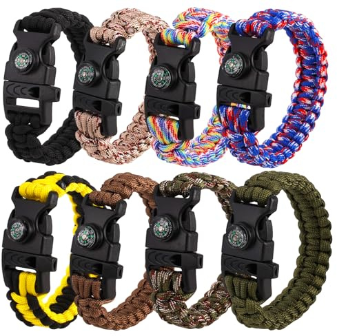 8 Piezas Multifuncional Pulsera de Supervivencia Paracord Brazalete Kit, Camuflaje con Brújula + Silbato para Senderismo,Acampada,MontañiMultifuncionalsmo y Actividades al Aire Libre