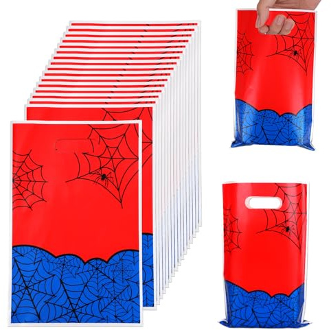 50pcs Spider Party Favors Bags, Blue Red Cartoon Spider Web Goodie Treat Candy Snack Goody Bags Theme Party Supplies for Birthday Halloween Gifts Packaging