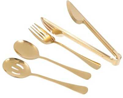 TOYANDONA Pinzas y Cucharas de Servir y Diseño Redondo Buen Agarre Juego de 4 Doradas de Acero Inoxidable para Uso Hogar y Hotel